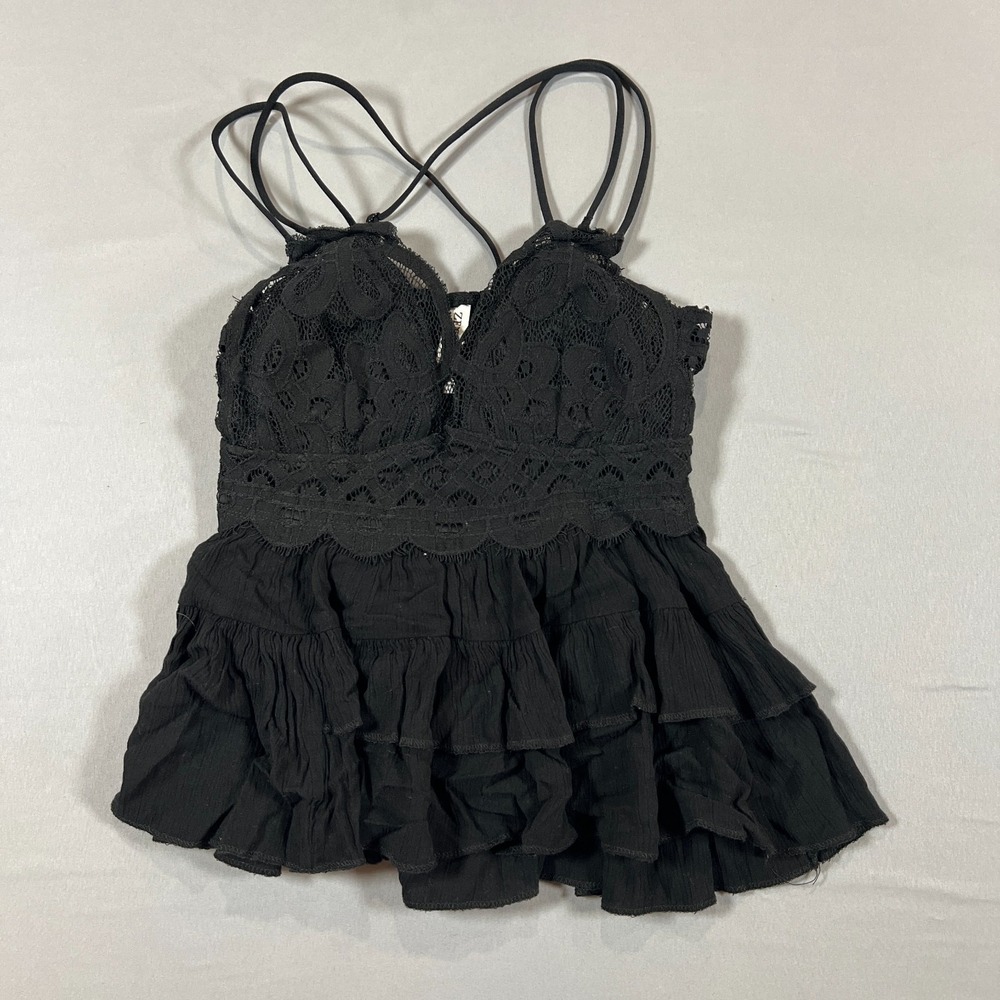 Zenana Camisole Tank Top Kids Medium Black Crochet Lace Ruffled Spaghetti Strap